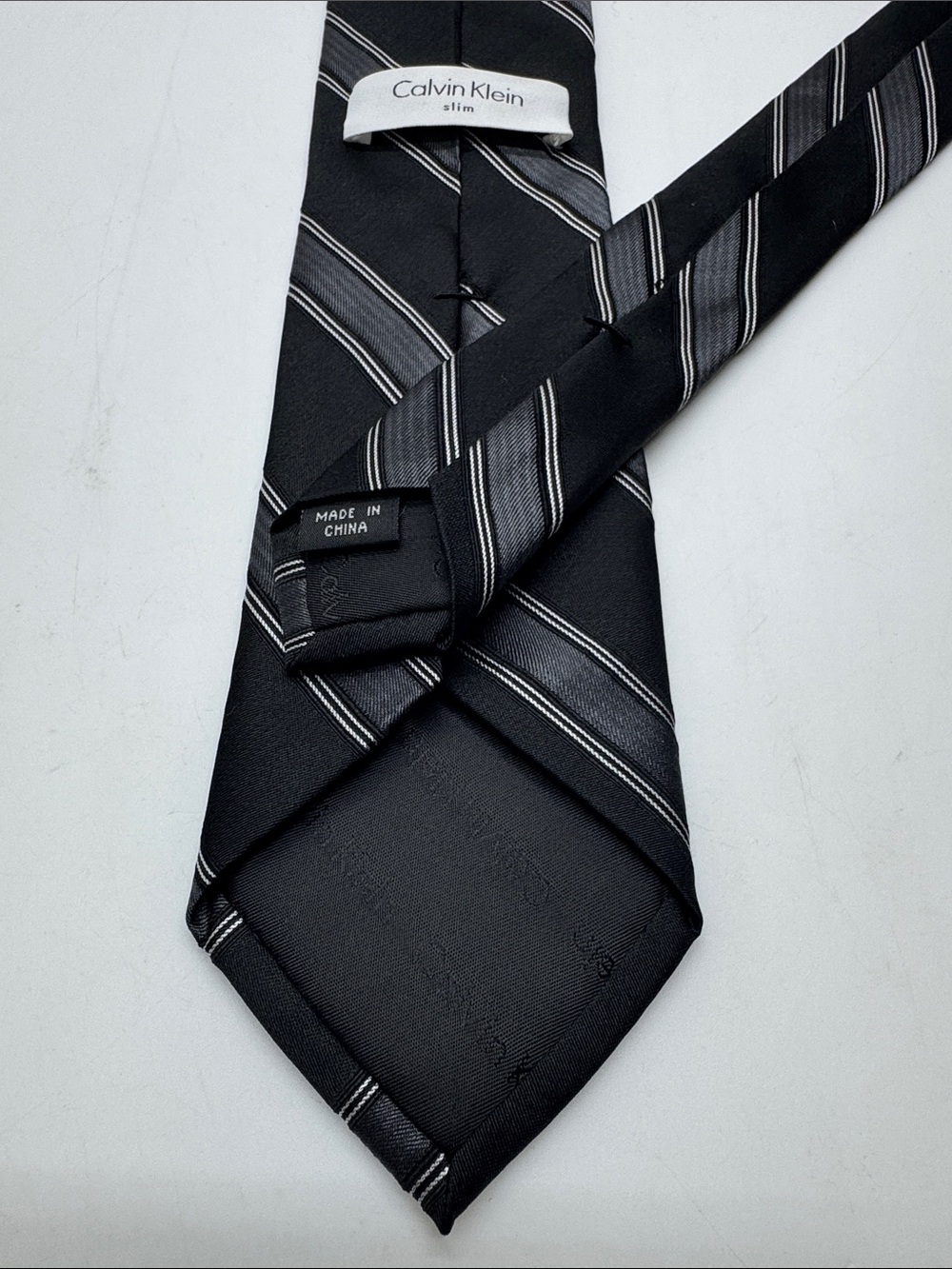 Calvin Klein 100%Silk Black Tie with Silver and Gray Stripes #0079